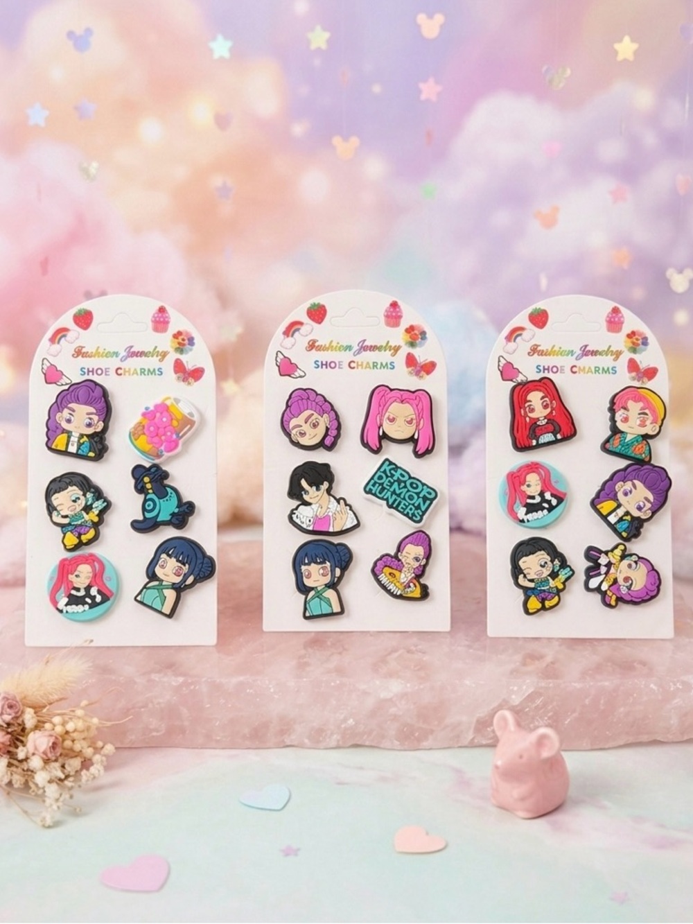 Kids Shoe Charms - Cute Cartoon Character Pack (Pink, Purple, Blue)